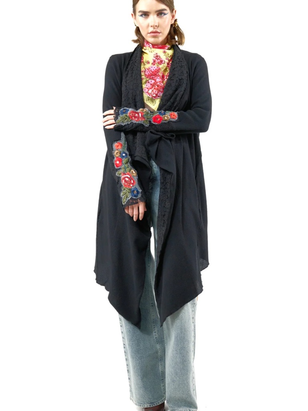 Aratta Black Traveling Set Shawl Top Jacket Cardigan Embroidered Floral S